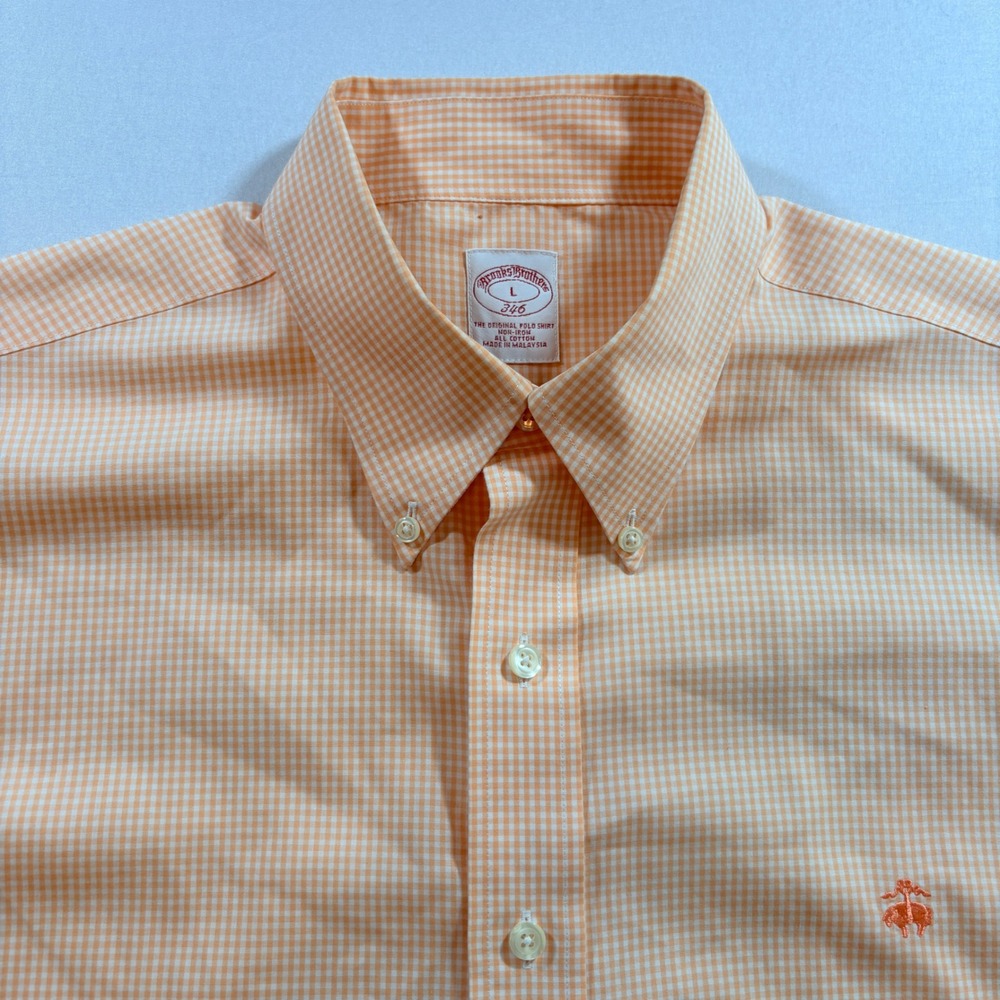Brooks Brothers 346 Gingham Button Down Shirt Mens Large Orange Non-Iron Cotton